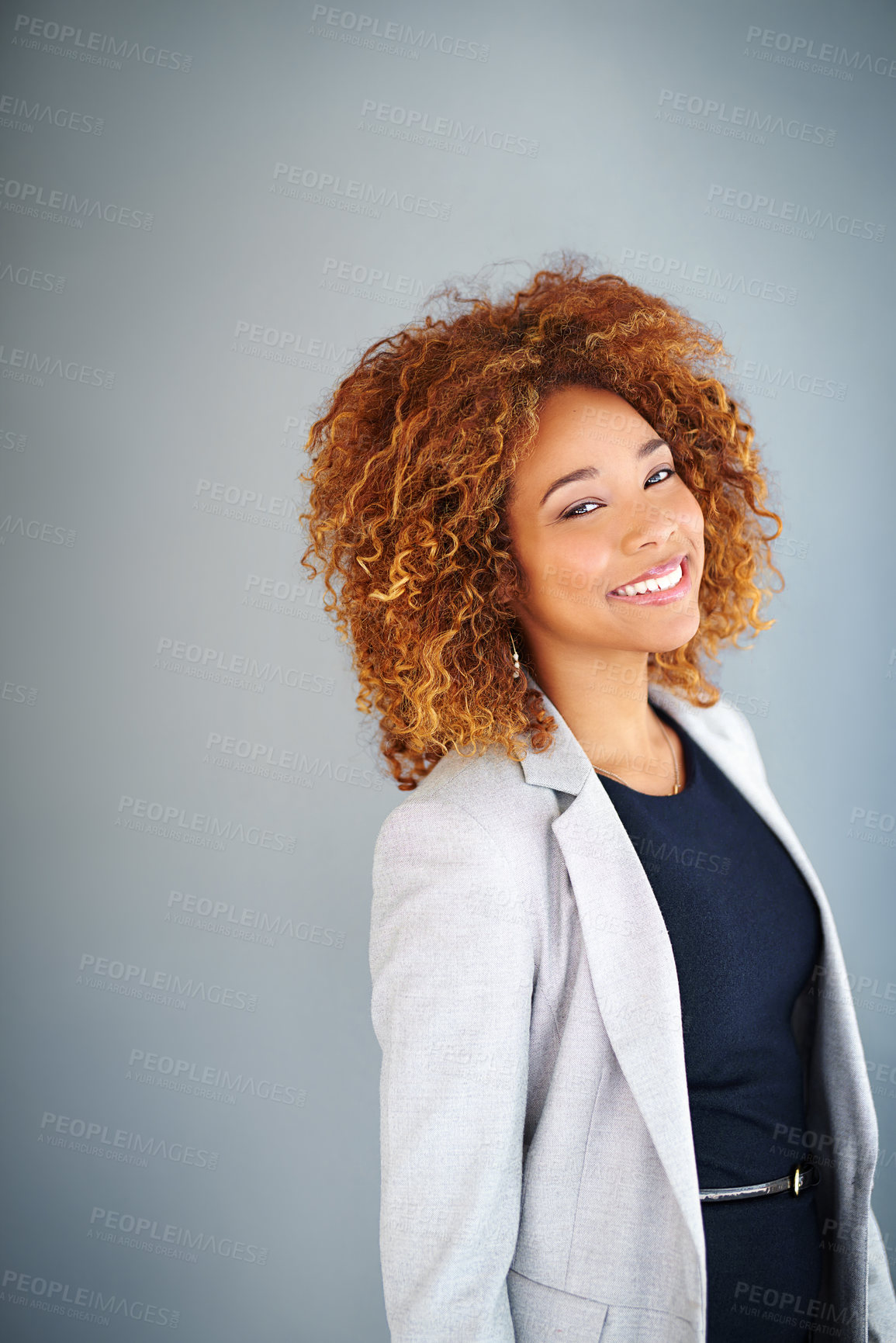 Buy stock photo Portrait, business and happy African woman in studio isolated on gray background. Face, professional and expert entrepreneur or sales consultant with work opportunity and career experience in Namibia