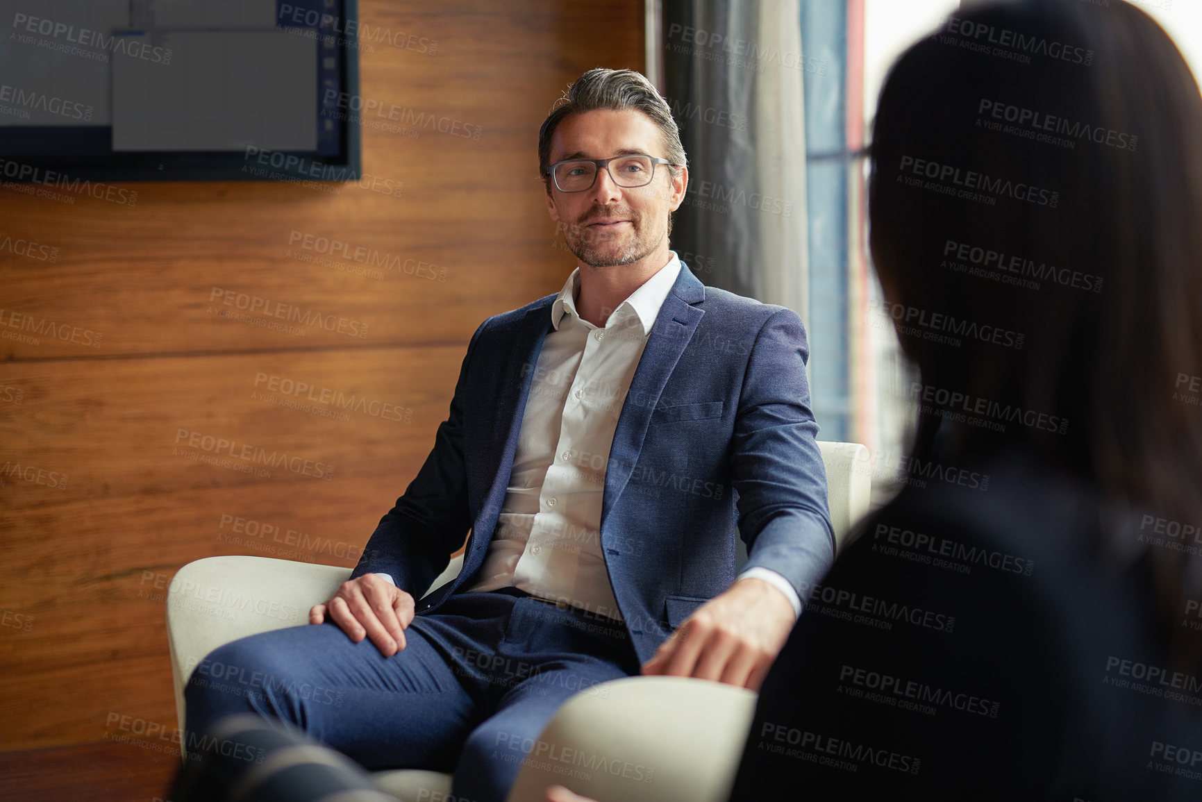 Buy stock photo Talking, investor or businessman in meeting, conversation or discussion for company or growth. Teamwork, collaboration or financial manager planning for strategy, feedback report or project funding