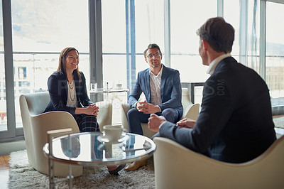 Buy stock photo Window, teamwork or business people for meeting, discussion or conversation for funding growth in office. Investors, talking or financial manager planning for sales, feedback report or project review