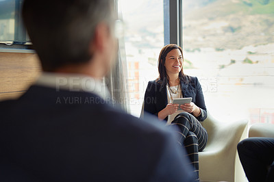 Buy stock photo Business woman, tablet and meeting in collaboration for project at workplace, office or company in team. Female person, smile and idea for corporate in discussion, plan or development with colleagues