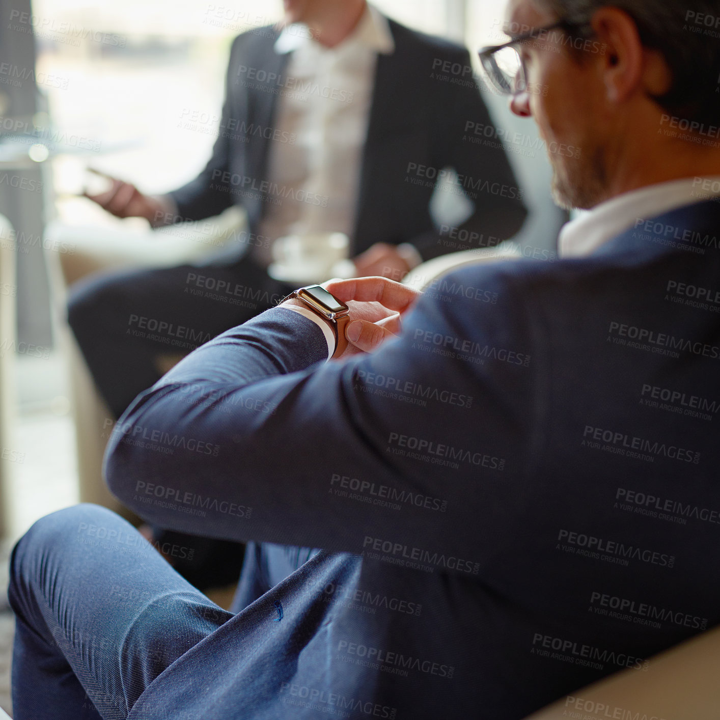 Buy stock photo Check, smart watch or businessman in office for meeting, discussion or collaboration for teamwork. Appointment, time management or financial manager in boardroom for feedback report or project plan