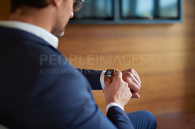 Buy stock photo Hands, smart watch or businessman in office for appointment, meeting or notification alert. Check, time management or applicant in waiting room for job interview feedback, schedule or accountability