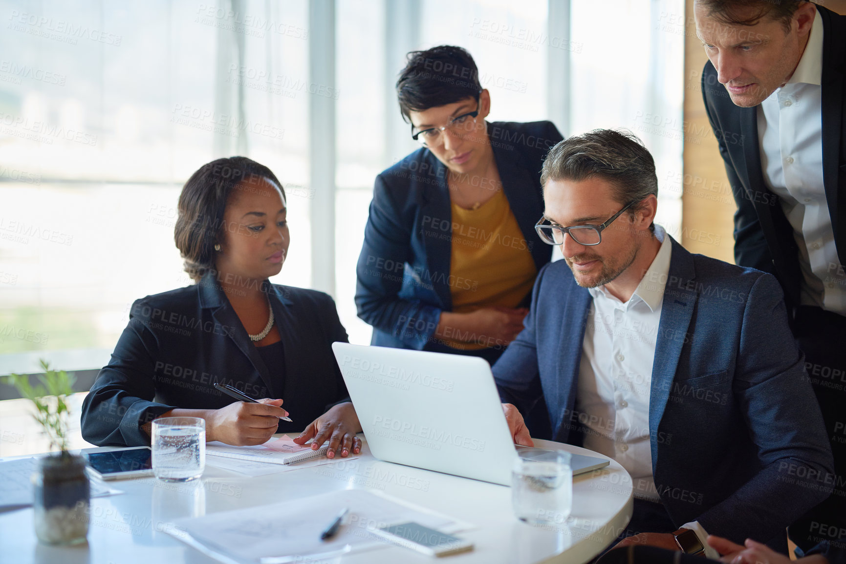 Buy stock photo Business, people and laptop in office on meeting for ideas on project with teamwork and collaboration. Employee, discussion and boardroom with conversation as partners in law firm and lawyers