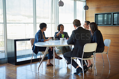 Buy stock photo Executive, talking and business people in a meeting for planning, discussion and legal communication. Teamwork, collaboration and lawyers in a workshop or speaking about a law project together