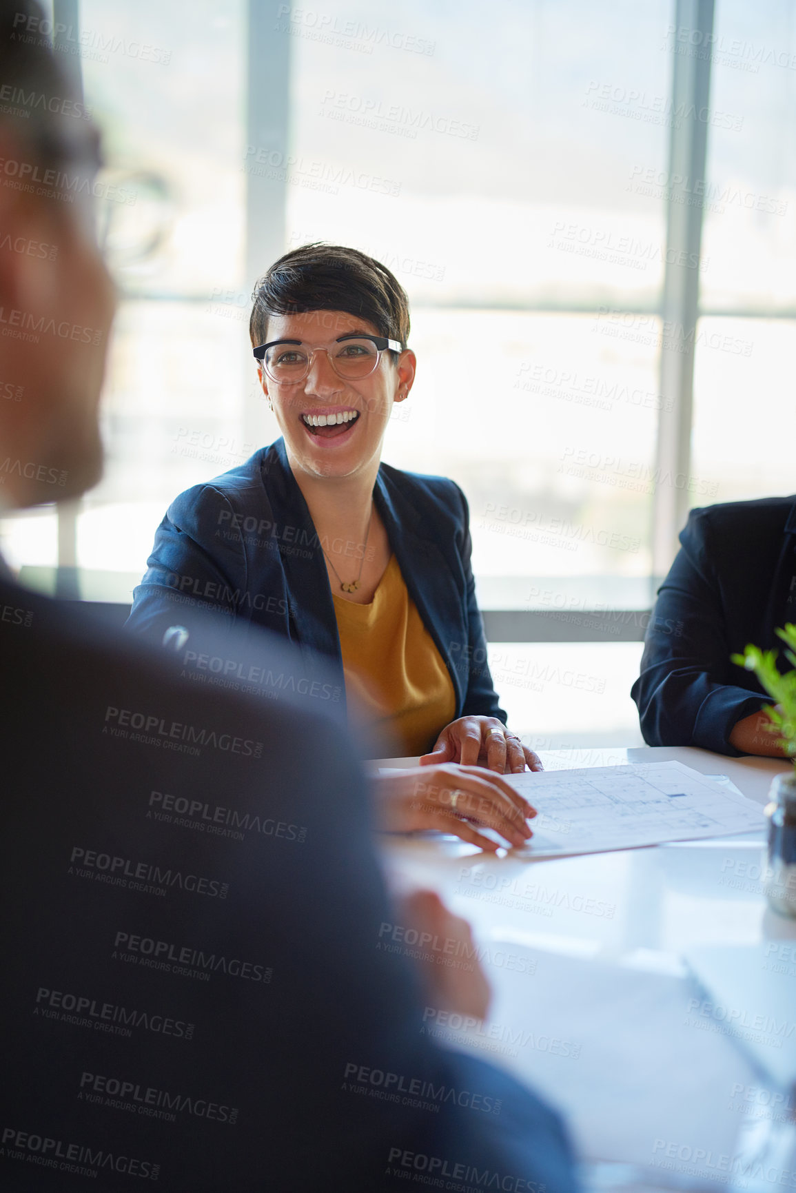 Buy stock photo Office, meeting and woman with smile in discussion for business proposal, b2b merger or planning. Employees, director and documents in consultation for corporate deal, partnership or acquisition info