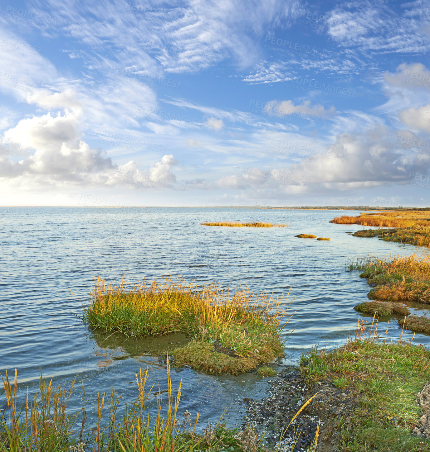 Buy stock photo Landscape, lake and sky with clouds, plants and shoreline with grass bank, location and horizon in summer. Water, ground and outdoor in environment, sustainability and sunshine in wild in Denmark