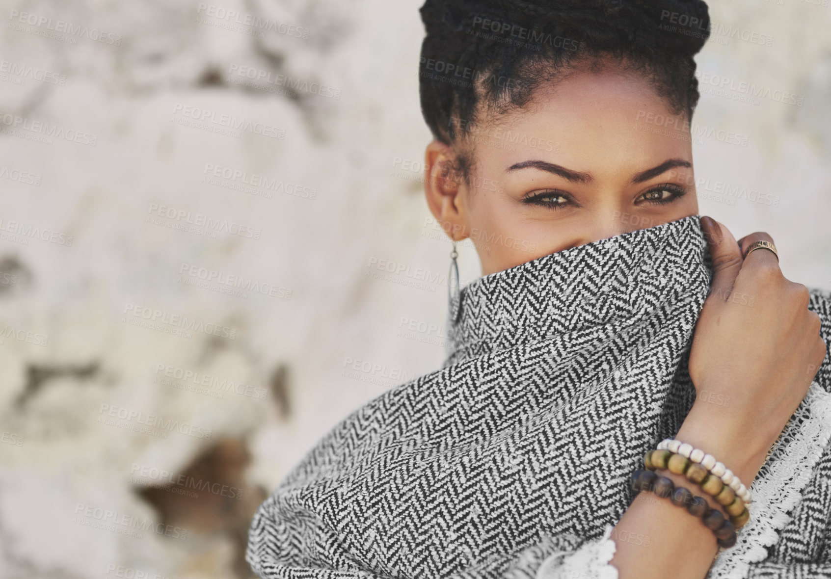 Buy stock photo Portrait, shy and space with black woman on wall background for fashion, makeup or style. Clothes, cosmetics or cover with eyes and face of happy model on mockup for accessories, outfit or wardrobe