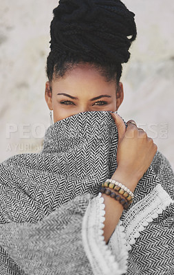 Buy stock photo Cover, fashion and portrait of woman on wall background for attitude, hiding or style. Clothes, modesty and shy with face of happy model in urban city for accessories, casual outfit or wardrobe