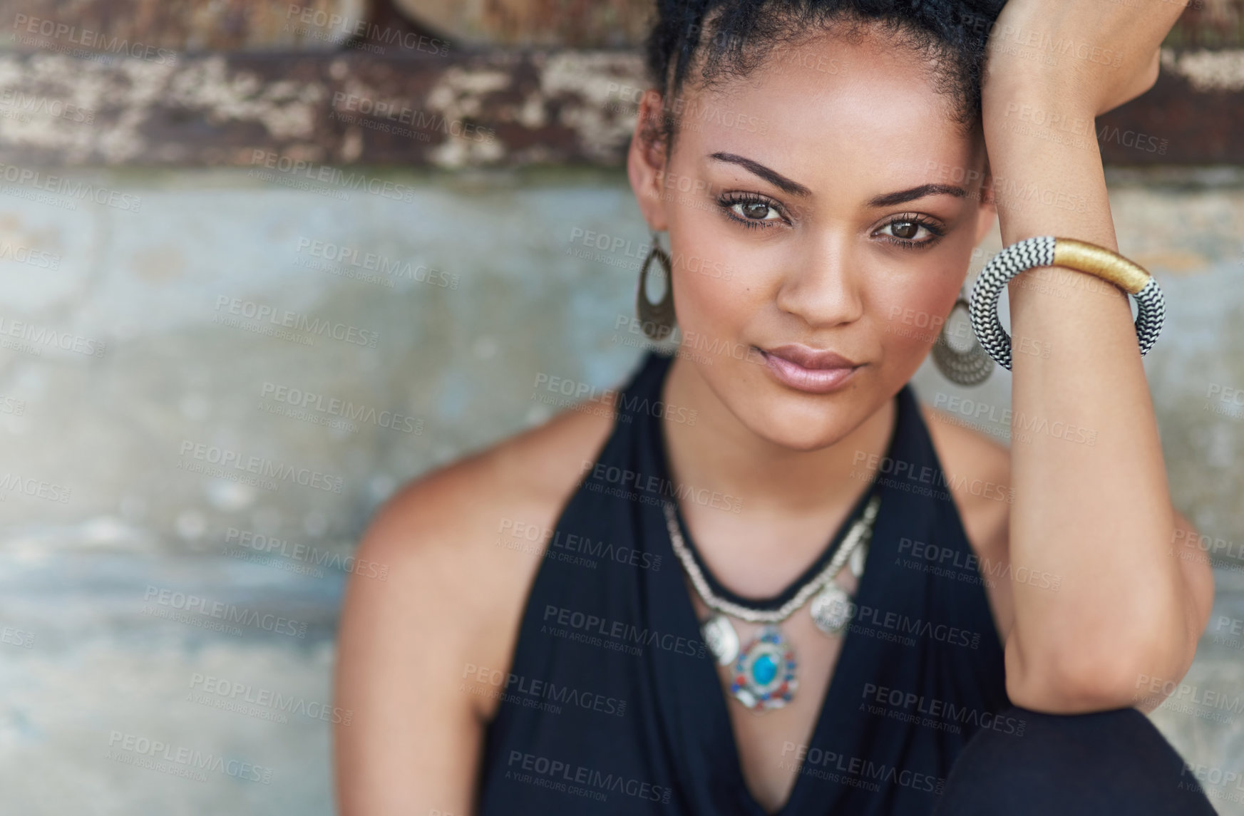 Buy stock photo Portrait, wall or African woman with fashion, dreadlocks or bangles in outdoor city or urban town alone. Stylist, hairdresser or proud natural model with confidence or necklace for culture in Jamaica