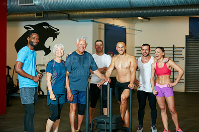Buy stock photo Cropped portrait of a group of people standing in the gym