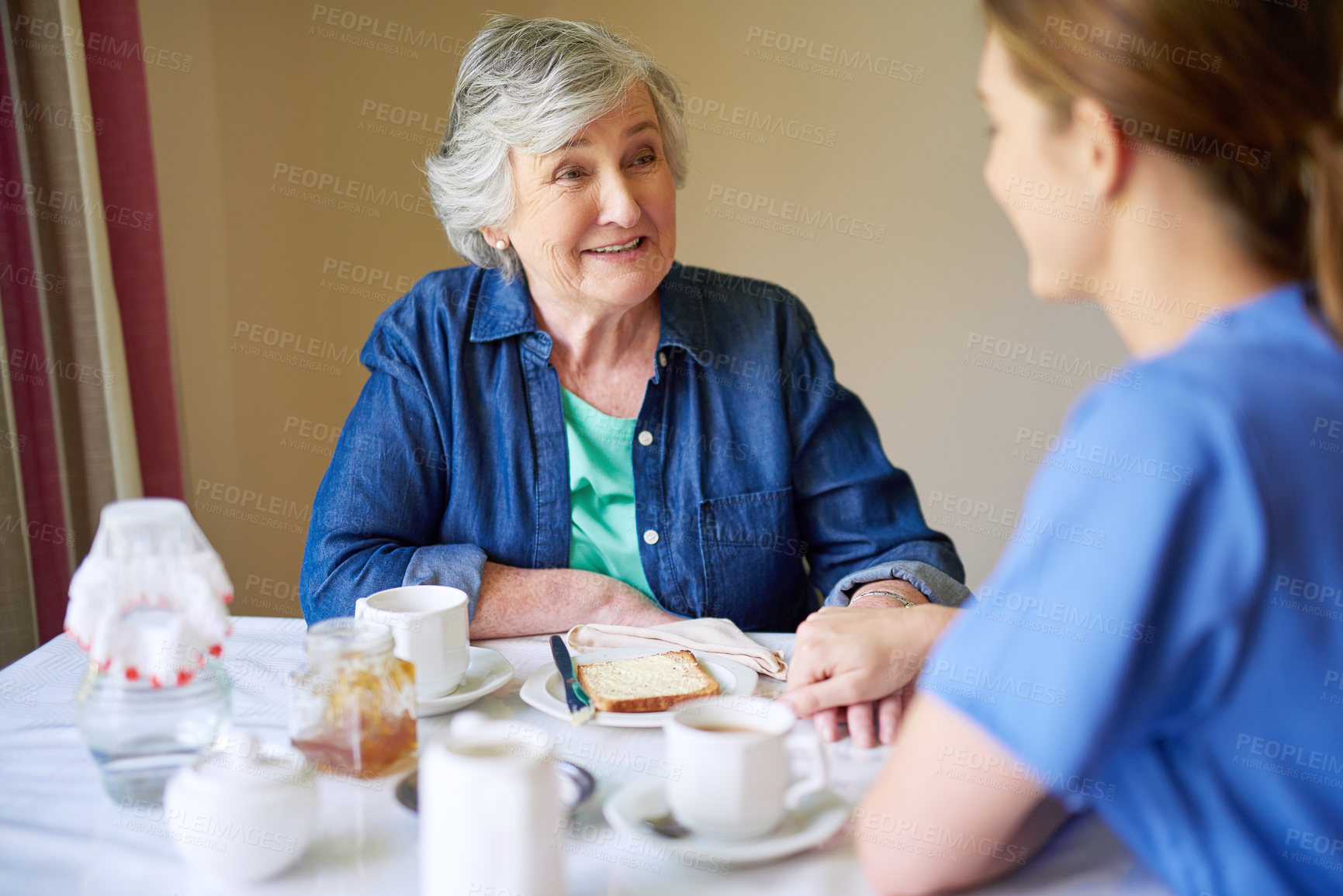 Buy stock photo Breakfast, nurse and smile of old woman in dining room of retirement home for assisted living together. Conversation, food or visit with caregiver and happy senior in apartment for diet or nutrition