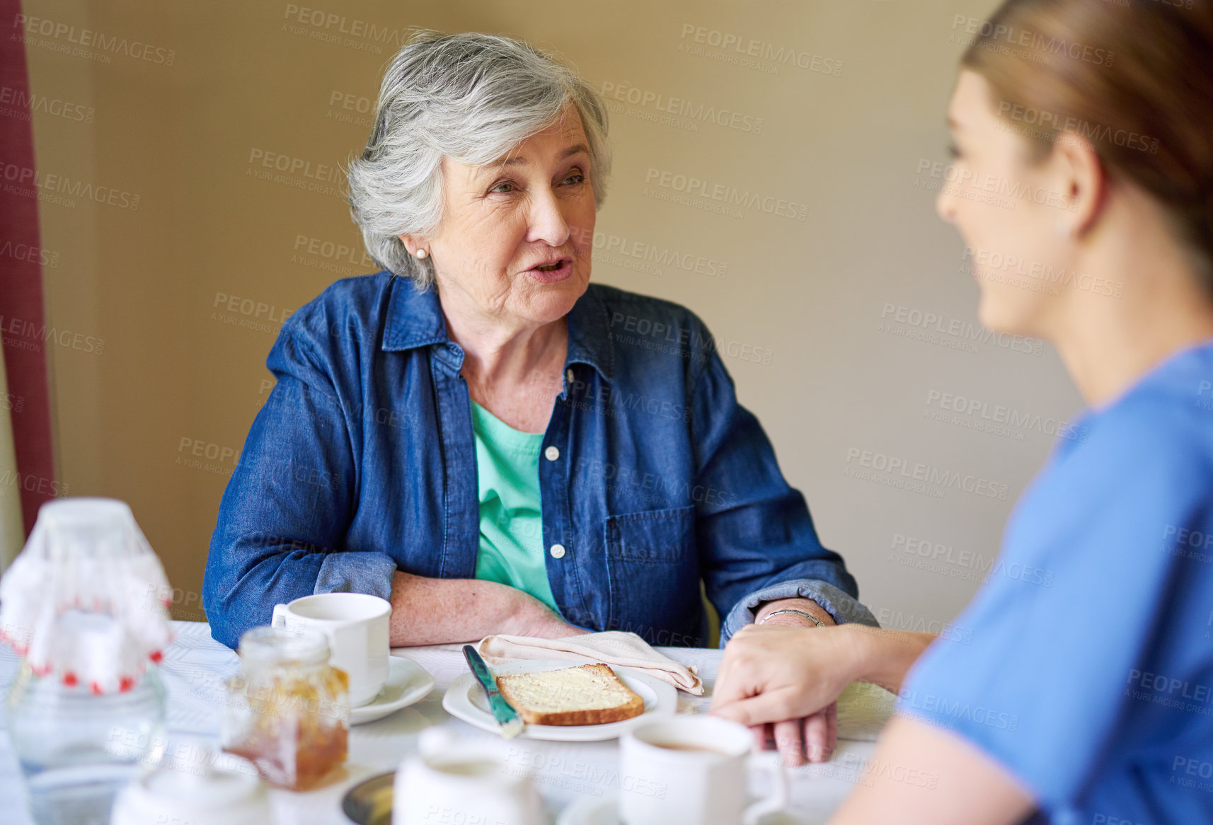 Buy stock photo Breakfast, nurse and senior woman in dining room of retirement home for assisted living together. Food, support or wellness with caregiver old woman in apartment for diet, health or nutrition