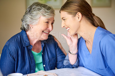 Buy stock photo Shot of a resident and a nurse at a retirement home