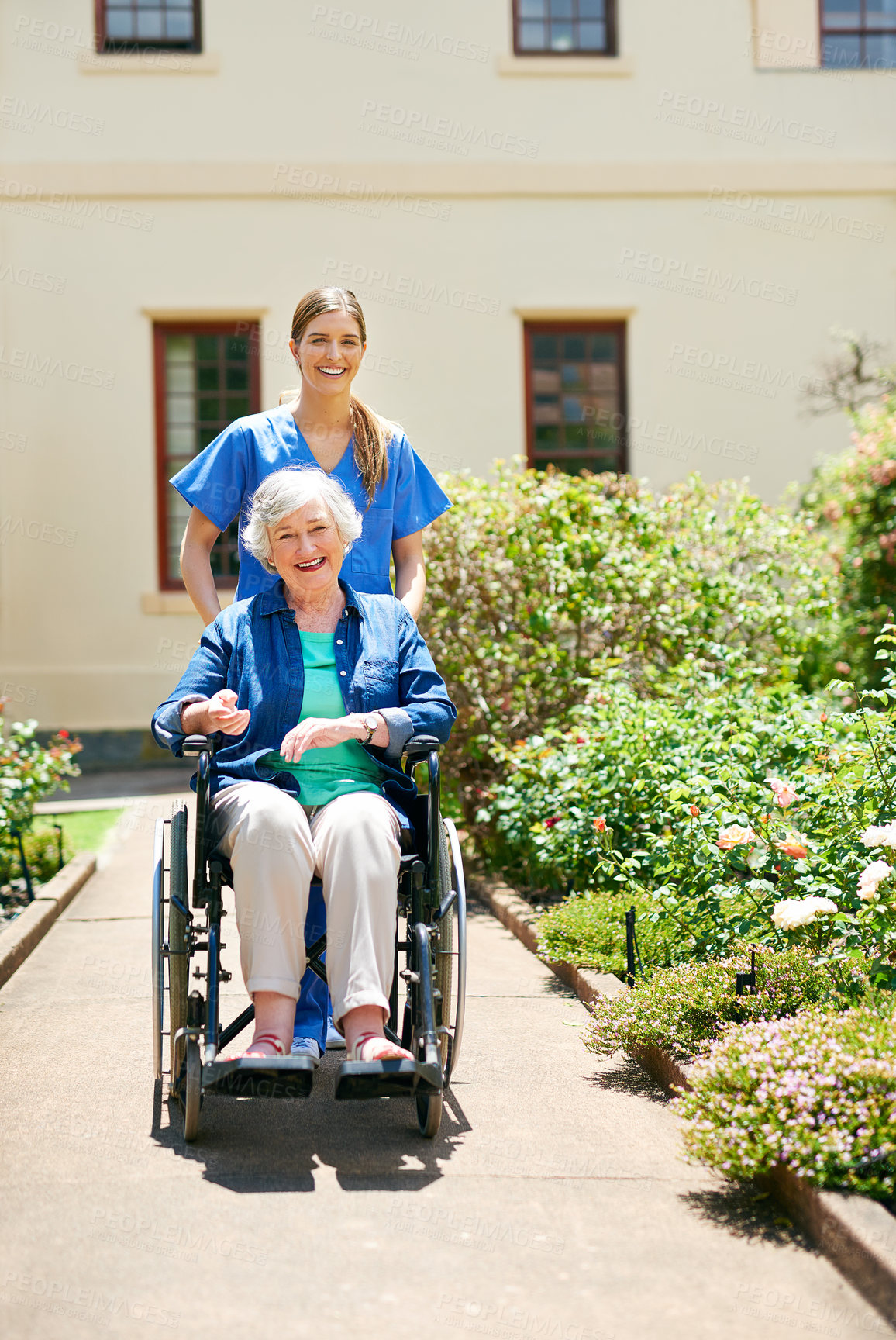 Buy stock photo Elderly, woman and wheelchair with nurse at retirement home for comfort, injury rehabilitation or healthcare service. Smile, caregiver and patient with disability, consulting help and support