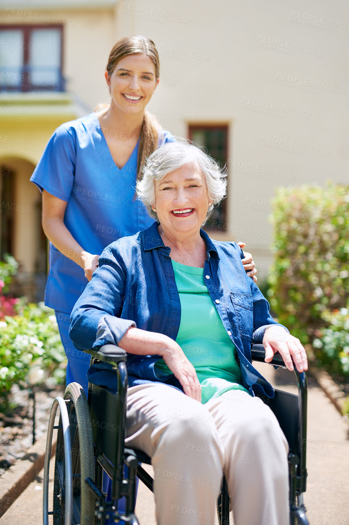 Buy stock photo Elderly, woman and wheelchair with nurse in garden at retirement home for comfort, rehabilitation or healthcare service. Portrait, caregiver and patient with disability, consulting or medical support