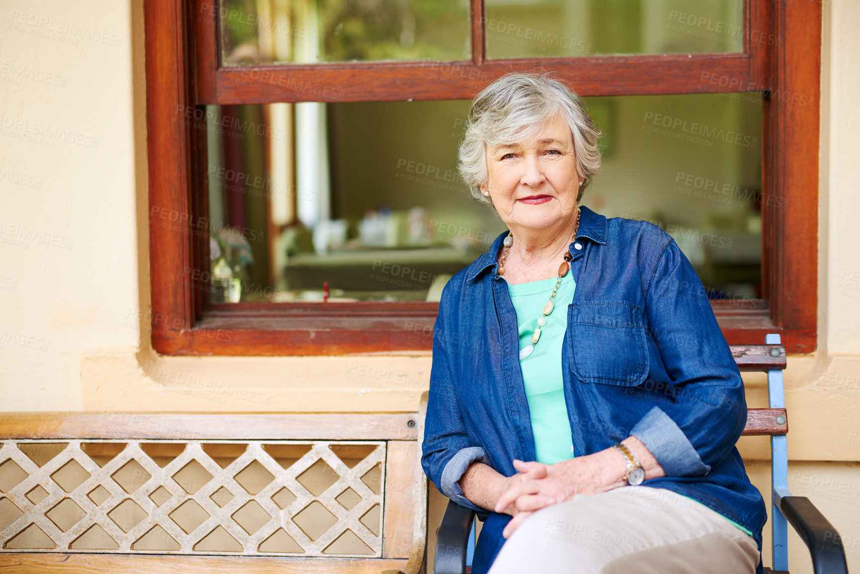 Buy stock photo Relax, smile and portrait of senior woman on patio with nostalgia, calm morning and peace in retirement. Health, wellness and elderly person on terrace at home with confidence, pride and carefree