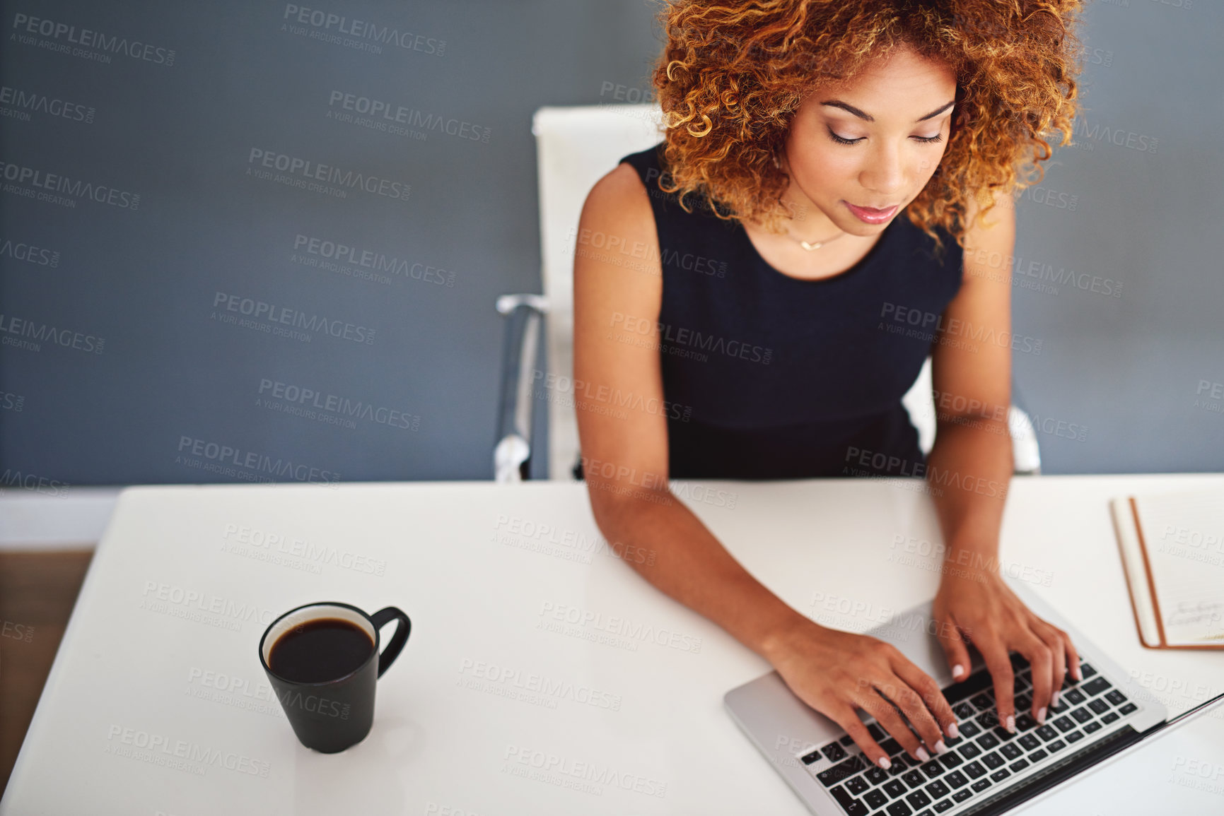 Buy stock photo Business, thinking and black woman with laptop, coffee and consultant with online reading, internet and connection. African person, worker or agent with copywriting, computer and network for research
