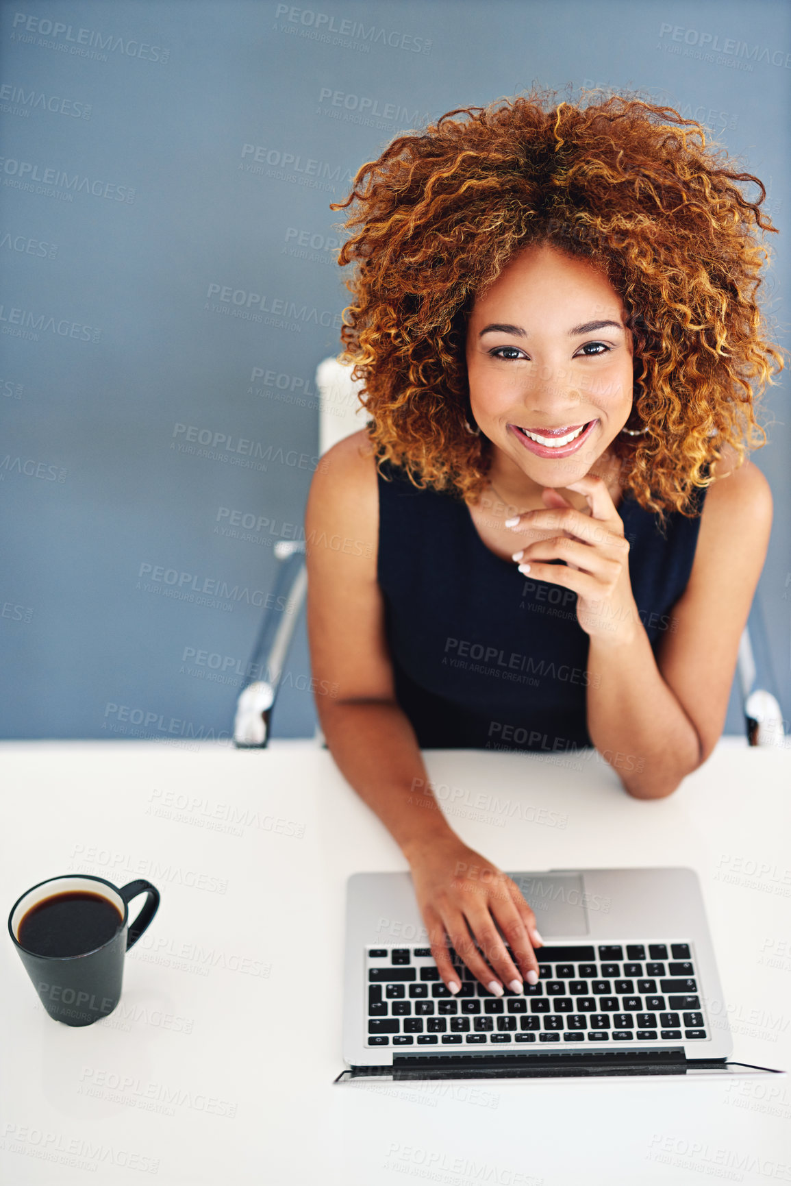 Buy stock photo Office, portrait and businesswoman with laptop for journalism, research and draft angle for story. Mockup space, journalist and online editing with digital for typing, proofreading article and above