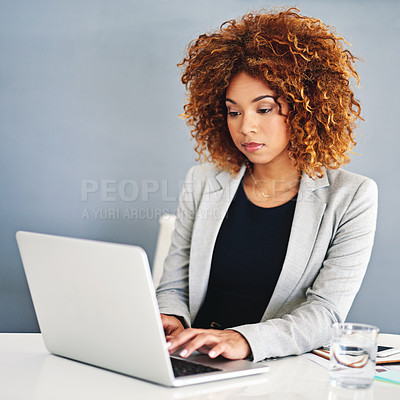 Buy stock photo Business, thinking and black woman with laptop, typing and website info, research for article and journalist in modern office. person, worker and agent with internet, pc and connection with network