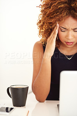 Buy stock photo Sad, headache and woman with a laptop email isolated on a white background in a studio. Frustrated, tired and a social media manager with migraine pain from a mental health problem or work mistake