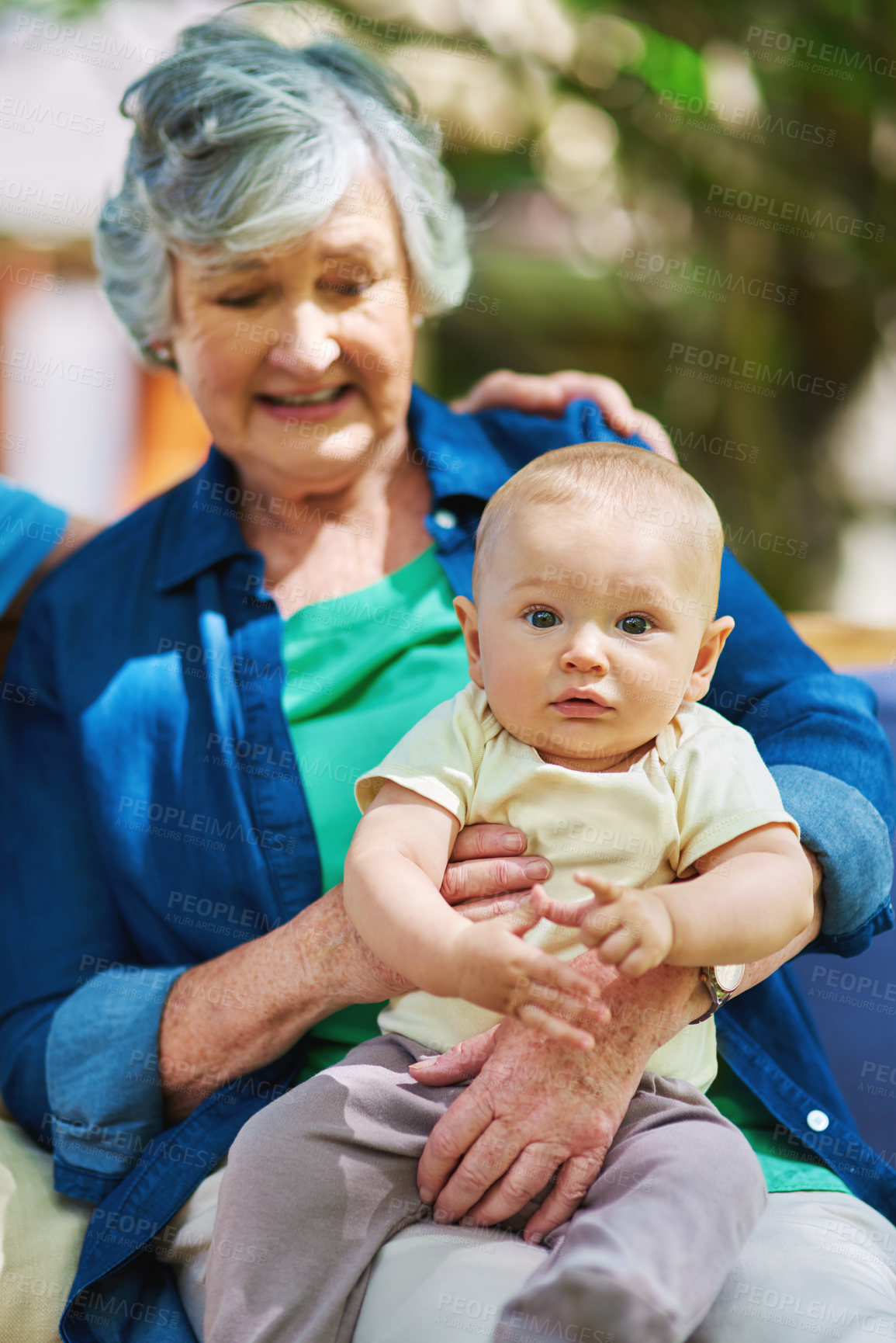 Buy stock photo Outdoor, grandma and baby in portrait for holding, connection and bonding together in nature. Senior person, grandmother and little boy with love in garden for childcare, development and growth