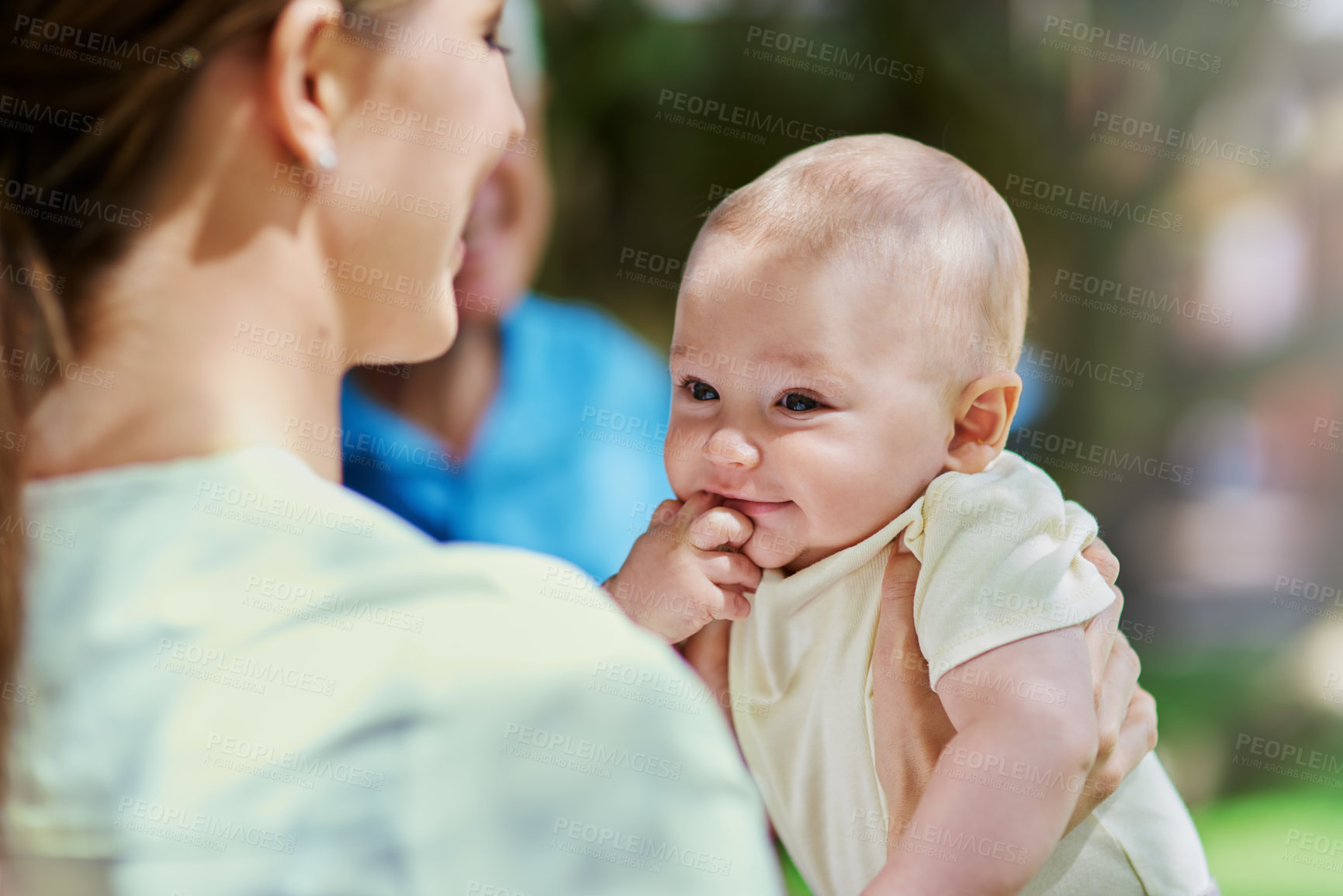 Buy stock photo Mother, baby and playing together in nature, happiness and love in relationship connection. Mama, infant and weekend for outdoor child development, support and boy for bonding in childhood park