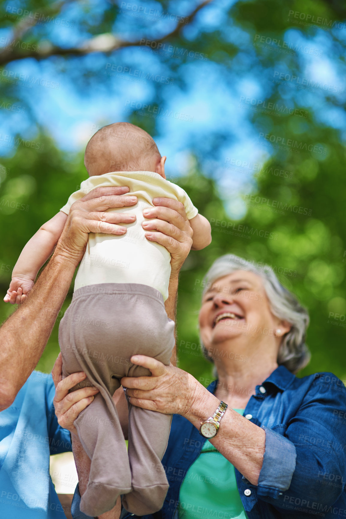 Buy stock photo Baby, playing and happy grandparents in nature, weekend visit and outdoor for child development. Infant, boy and grandma or grandpa for support in childcare, bonding and lift kid for games in park