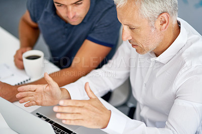 Buy stock photo Business people, laptop and mentor for feedback, collaboration and coaching in office with internship. Manager, technology and advice for junior worker, teamwork or corporate development with tips