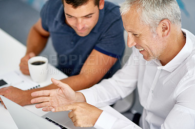 Buy stock photo Laptop, discussion and business men in office for collaboration, planning and meeting for review. Corporate, professional and above of boss with worker on computer for website, research and feedback