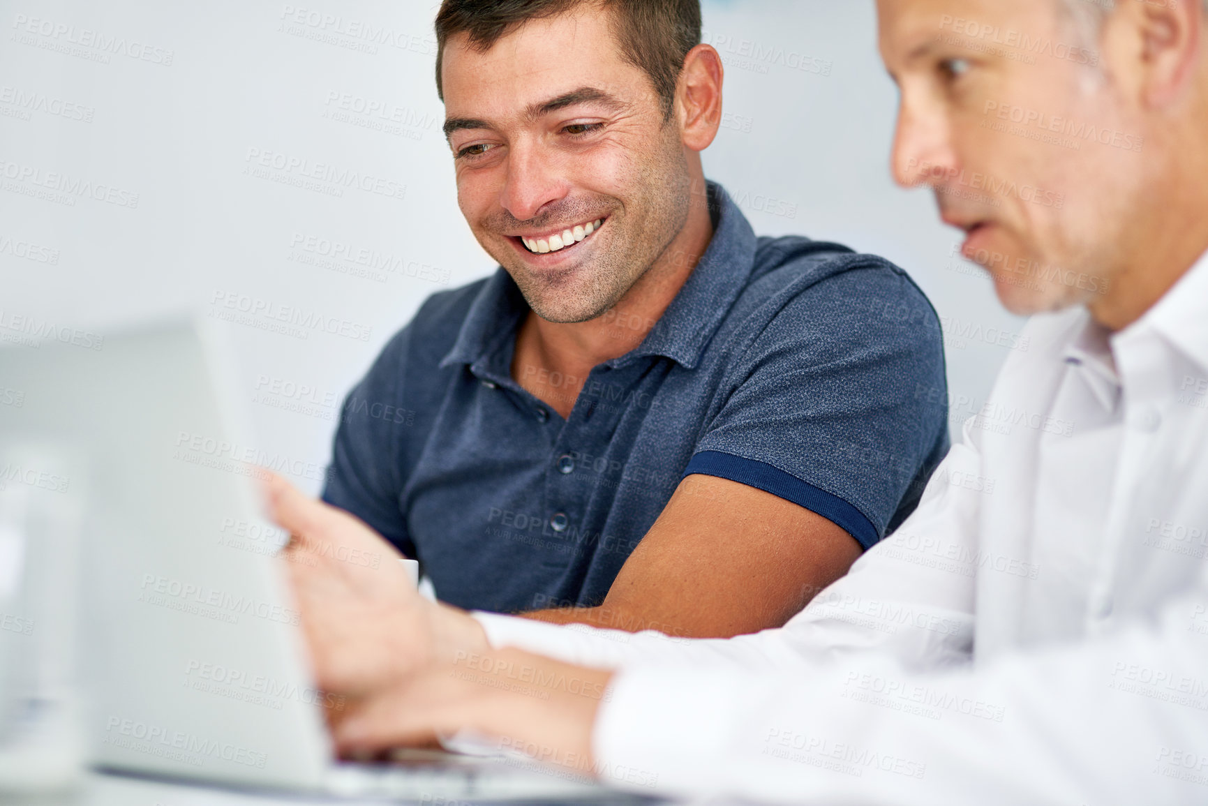 Buy stock photo Laptop, meeting and business men in office for collaboration, planning and discussion for review. Creative, professional and boss with worker on computer for website, research and online feedback