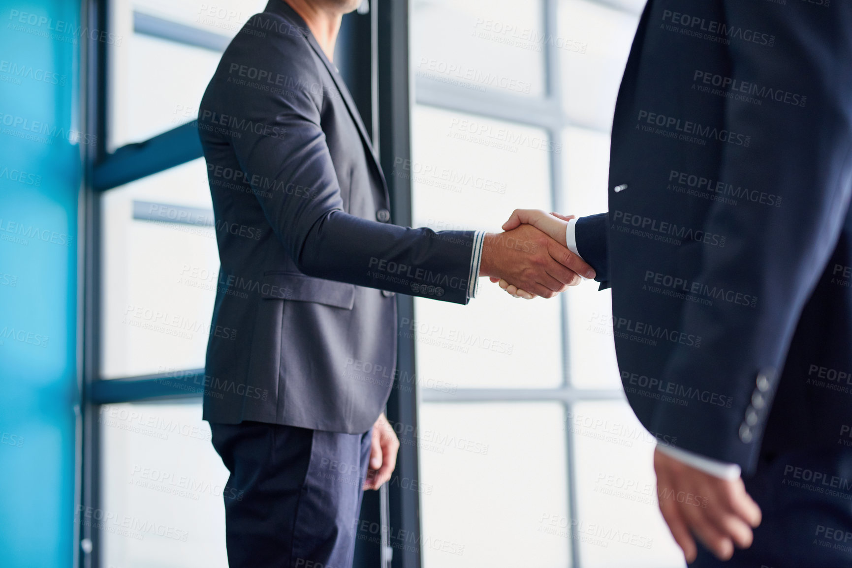 Buy stock photo Business men, handshake and worker hands in office with agreement, deal or partnership. Greeting, welcome and onboarding at corporate company with professional contract and thank you at law firm