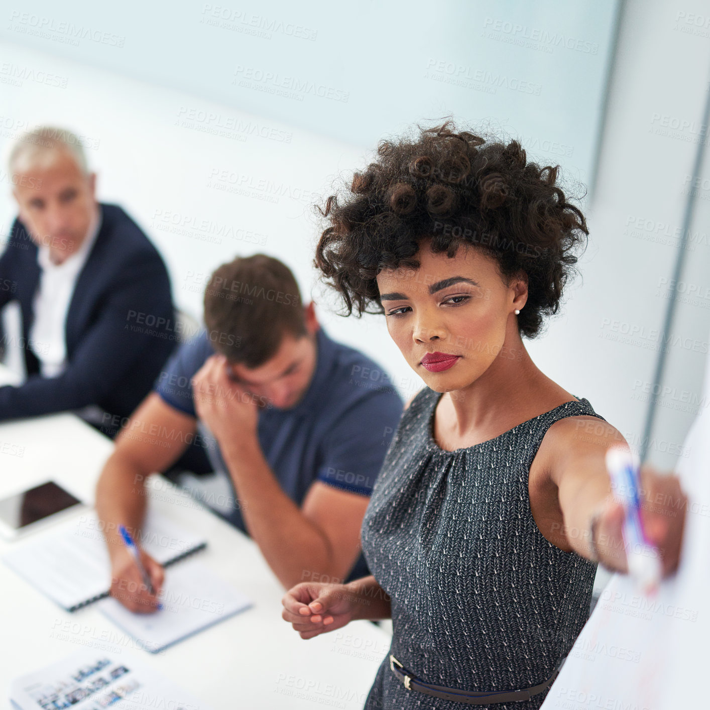 Buy stock photo Business woman, whiteboard and presentation, workshop and project management with planning. Operations manager, collaboration and meeting with partnership for corporate training, research and pitch
