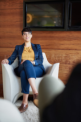 Buy stock photo Full length shot of a businesswoman sitting in the boardroom