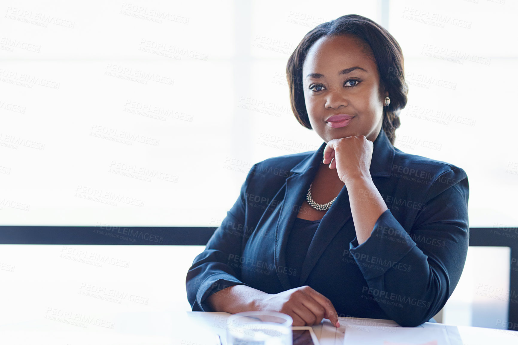 Buy stock photo Confident, business and black woman with portrait in office, accounting company and financial experience. Professional, accountant and pride for about us, corporate career and ambition of investment