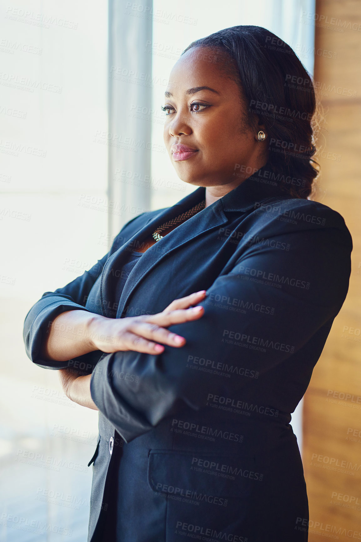 Buy stock photo Professional, black woman and thinking with confidence in office, accounting company or financial experience. Pride, accountant and arms crossed, about us and corporate career for investment business