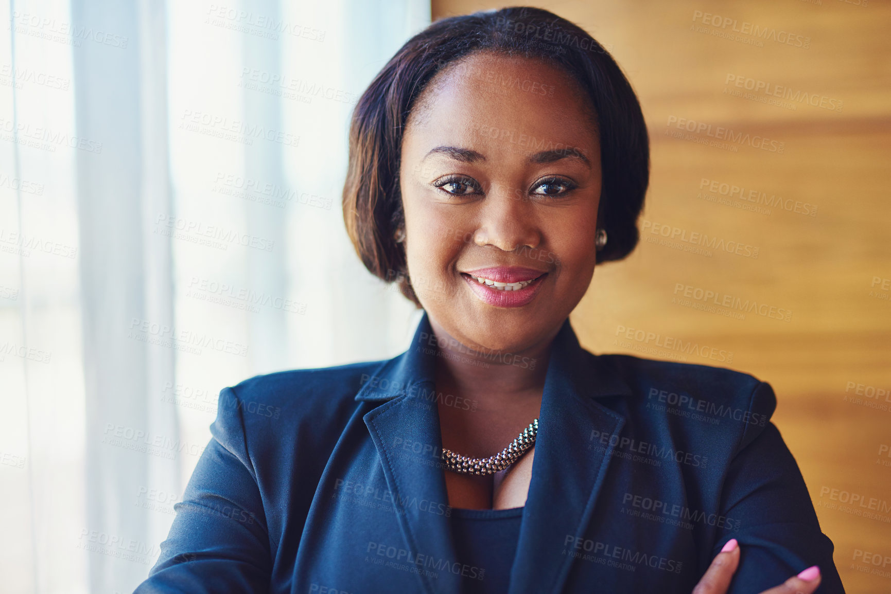 Buy stock photo Business, black woman and smile for portrait in office, accounting company or financial experience. Professional, accountant and arms crossed, about us and corporate career for investment opportunity