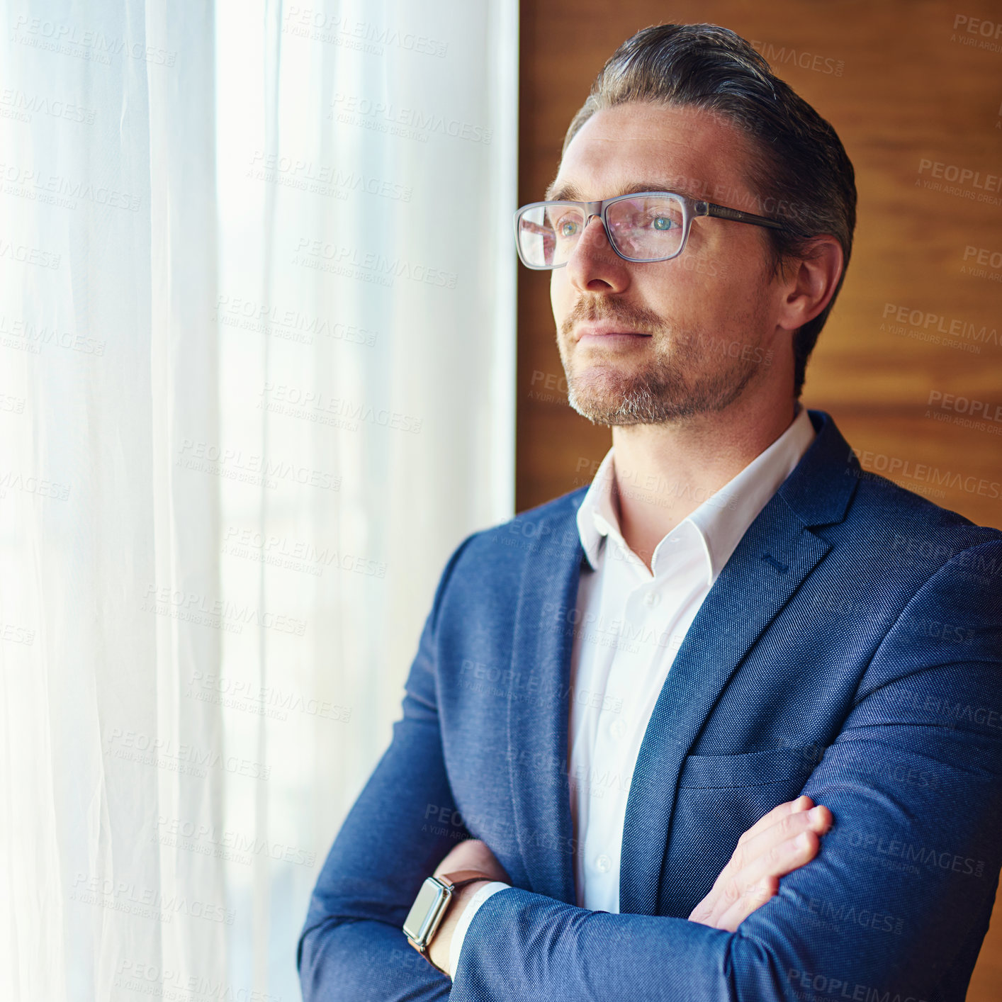 Buy stock photo Thinking, business and man with pride in office for accounting company and financial experience. Professional, male accountant and arms crossed, about us or corporate career of investment opportunity