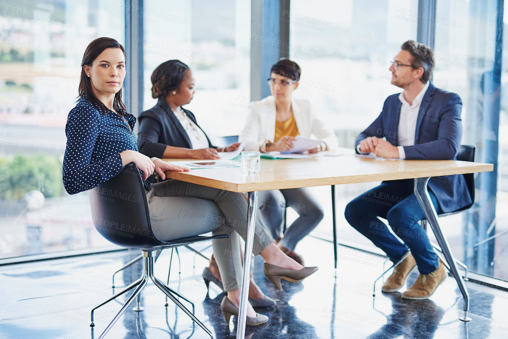 Buy stock photo Collaboration, meeting and planning with business people in boardroom of corporate office together. About us, our vision and strategy with professional employee group in workplace for discussion