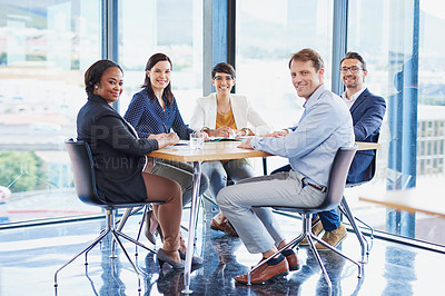 Buy stock photo Portrait of a team of colleagues having a meeting in an office