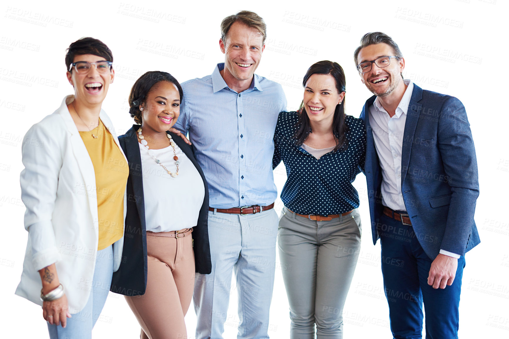 Buy stock photo Portrait, group and staff hug, business and happiness with confidence, collaboration and journalist. Face, coworkers or editorial team embrace, cooperation and smile with teamwork, formal or cheerful