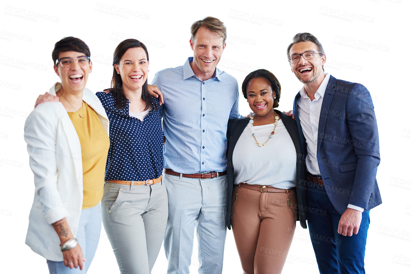 Buy stock photo Studio portrait of a team of colleagues standing together in unity against a white background