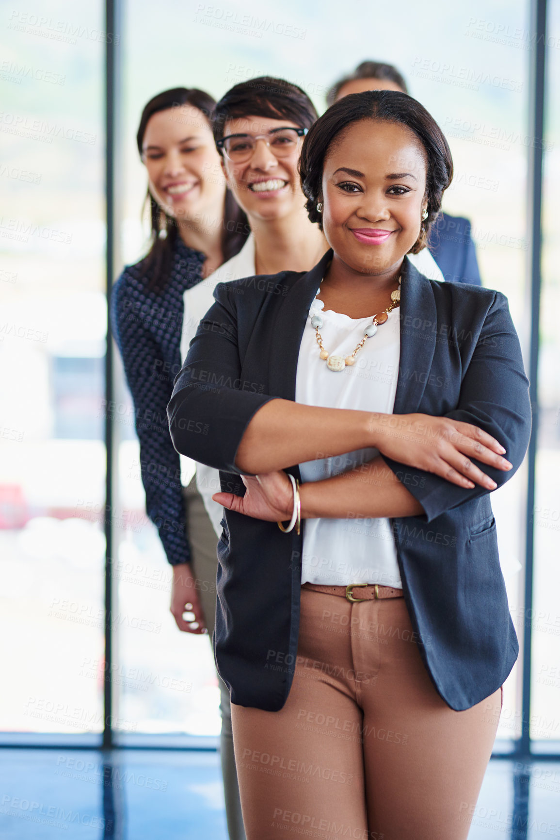 Buy stock photo Business people, office and portrait with arms crossed in line with woman leading teamwork and collaboration. Professional group, startup and happy manager at workplace with empowerment and diversity