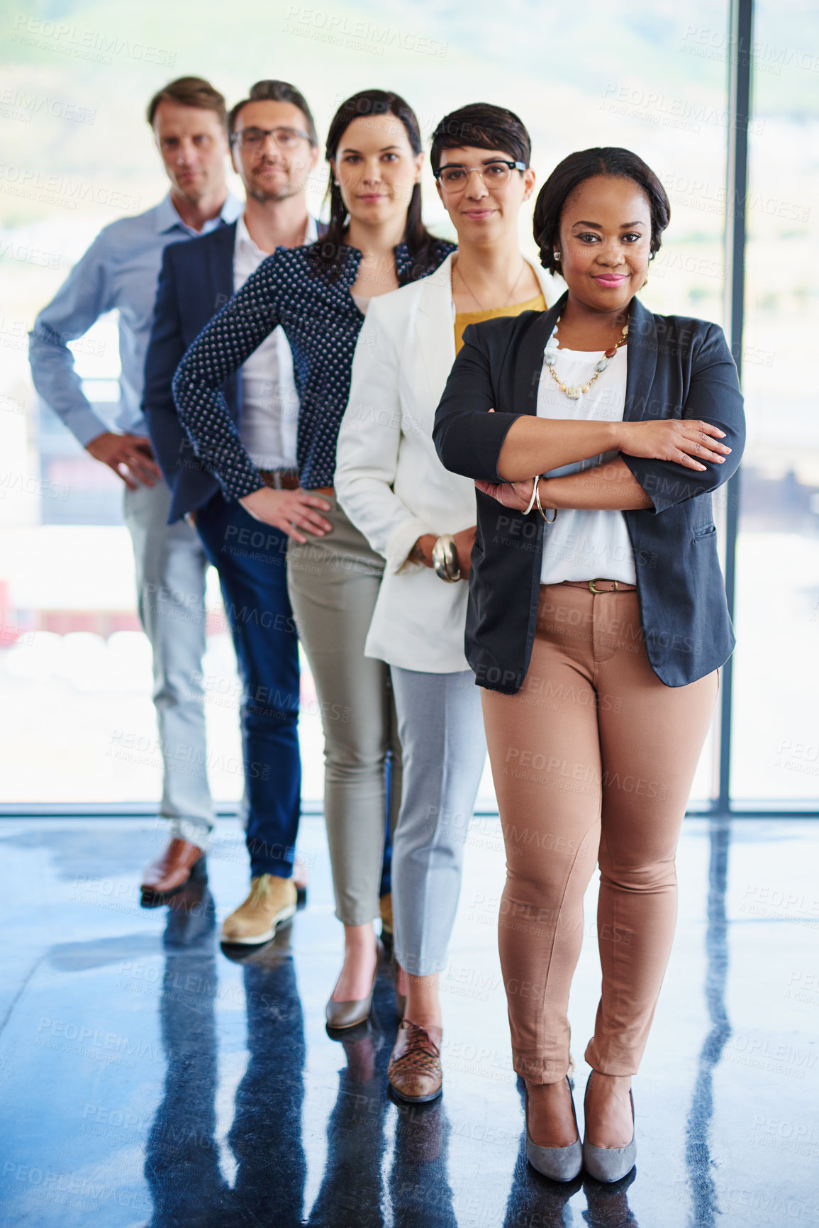 Buy stock photo Business people, office and portrait with arms crossed in row with woman leading teamwork and collaboration. Professional group, startup and happy manager at workplace with empowerment and diversity