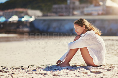 Buy stock photo Thinking, woman and relax on sand at beach with shirt, vacation travel and peace of summer adventure. Happy, female person and memory wellness for ocean holiday, calm weekend and daydream outdoor