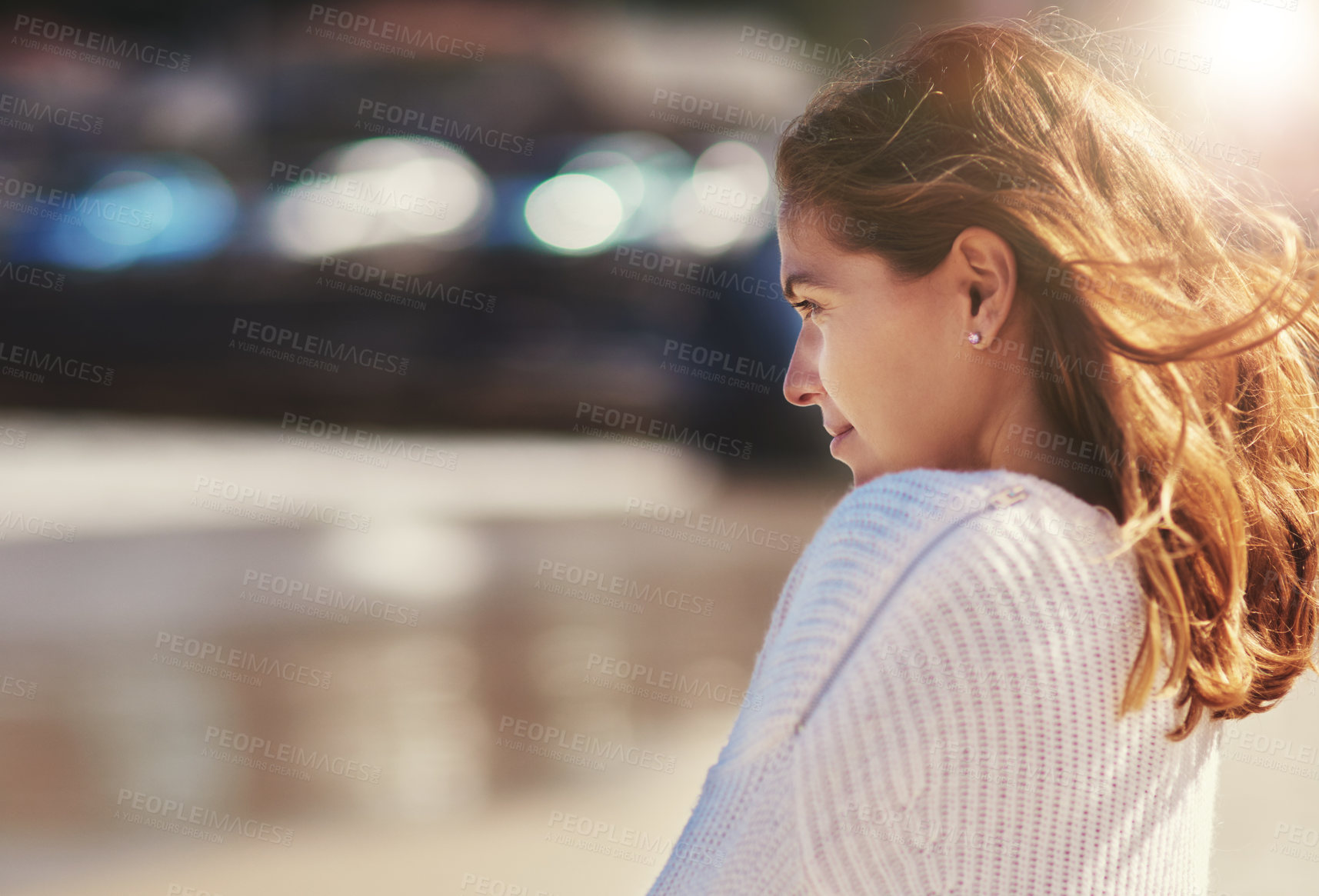 Buy stock photo Relax, woman and wind for thinking on beach with jersey, vacation travel and freedom of summer adventure. Rest, female person and memory wellness for ocean breeze, calm journey and daydream outdoor