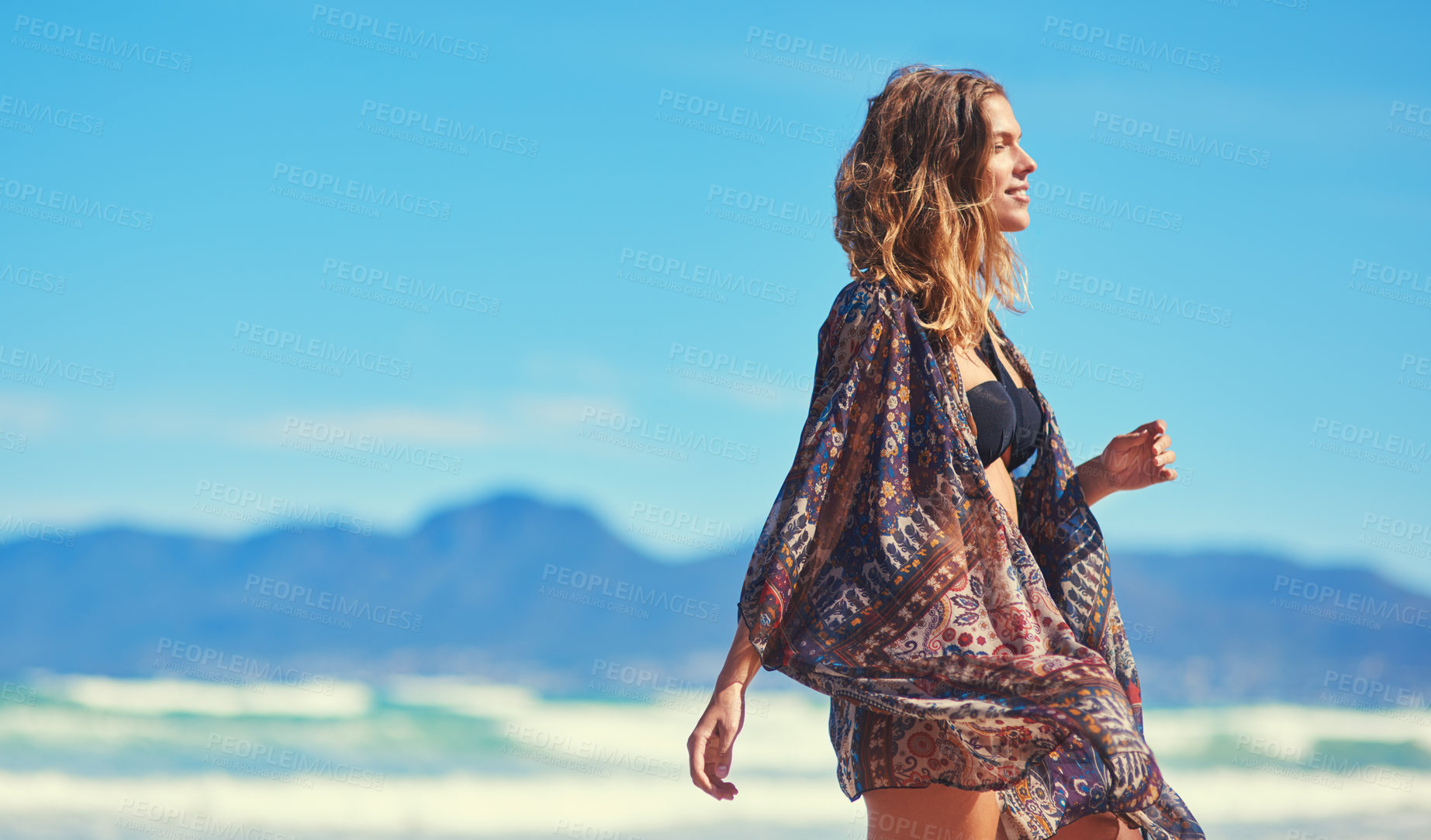 Buy stock photo Sea, sky and thinking with woman on beach in summer for holiday, travel or vacation to relax. Calm, peace and smile with quiet female person coast by ocean or water for getaway, tourism or trip