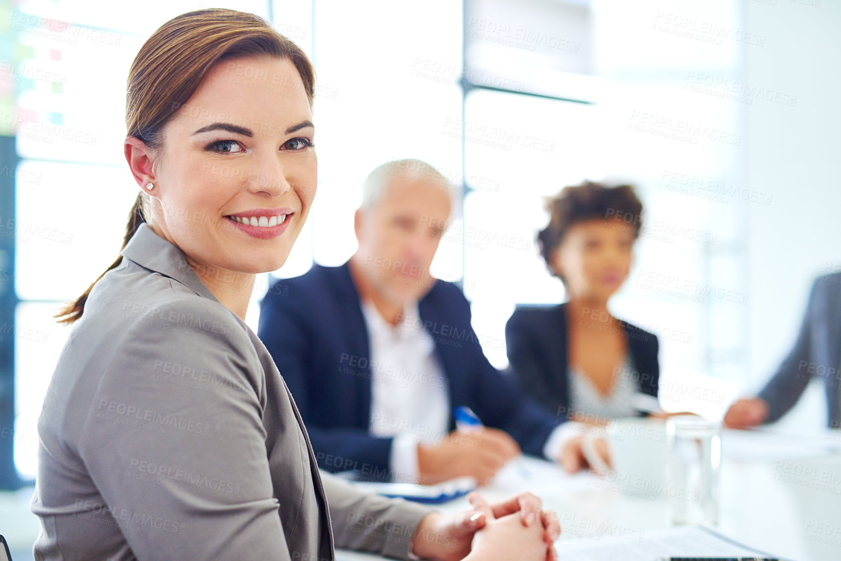 Buy stock photo Woman, office and happy in meeting for portrait with confidence for planning and brainstorming. Female person, employee and smile with pride at boardroom for teamwork or collaboration on strategy