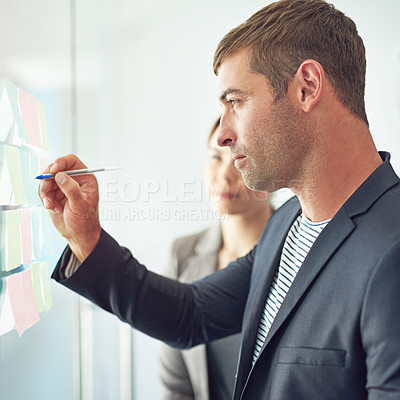 Buy stock photo Glass wall, business people and brainstorming with planning, writing and schedule for project. Group, employees and staff with ideas, collaboration and cooperation with calendar, support and teamwork
