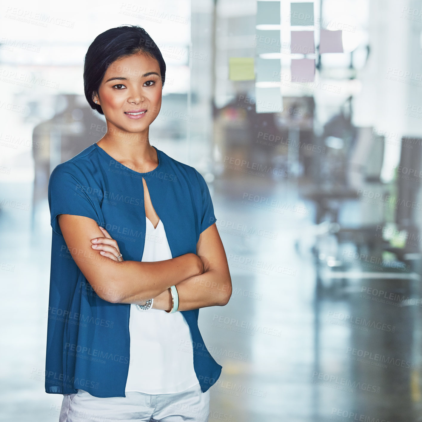 Buy stock photo Portrait, Asian woman and arms crossed for corporate success, leadership and confidence for advertising agency, goals or target. Female entrepreneur, employee and leader with business idea and office