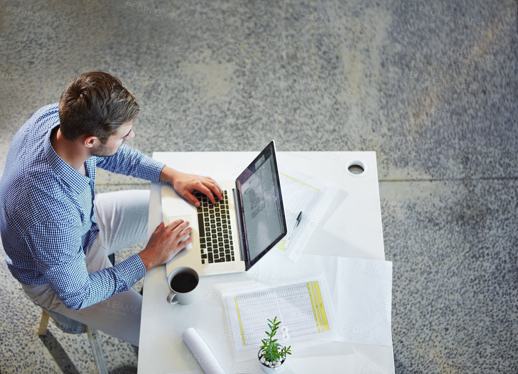 Buy stock photo Top view, business and man with laptop, typing and planning for schedule, project deadline and office. Male employee, ceo and entrepreneur with digital marketing,  online research and web launch 